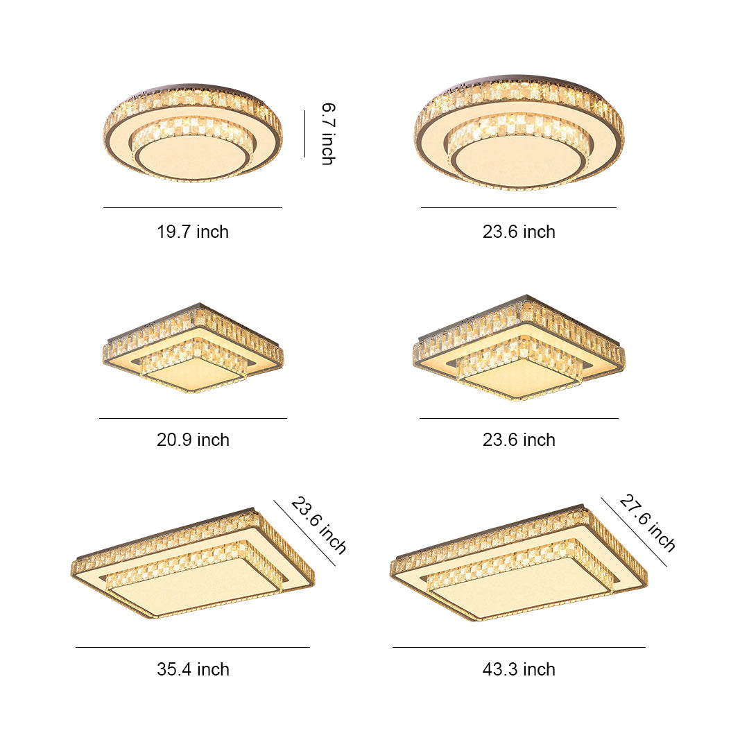 Minimalist Crystal Flush-Mount LED — Chrome Steel, Round/Square/Rectangle, 3-Color Dimming (3000K/4500K/6000K)