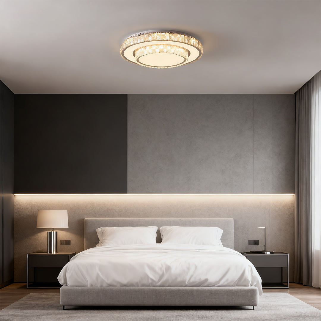 Minimalist Crystal Flush-Mount LED — Chrome Steel, Round/Square/Rectangle, 3-Color Dimming (3000K/4500K/6000K)