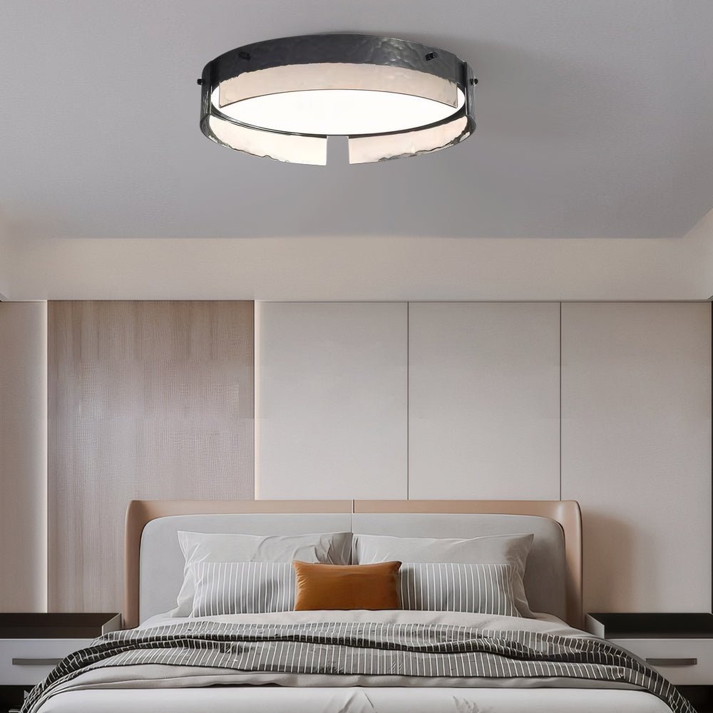 flush mount ceiling light with round black hammered glass and led