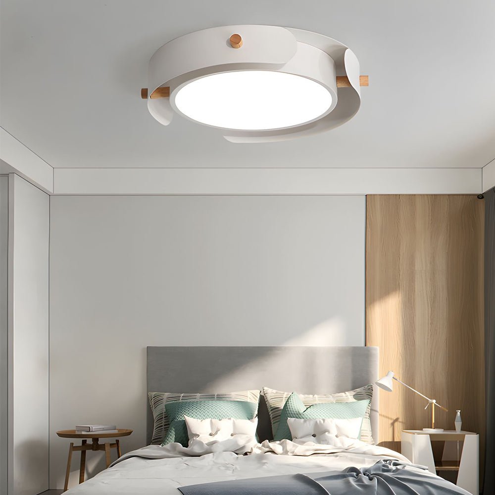 flush mount ceiling light with round nordic white metallic wood drum design