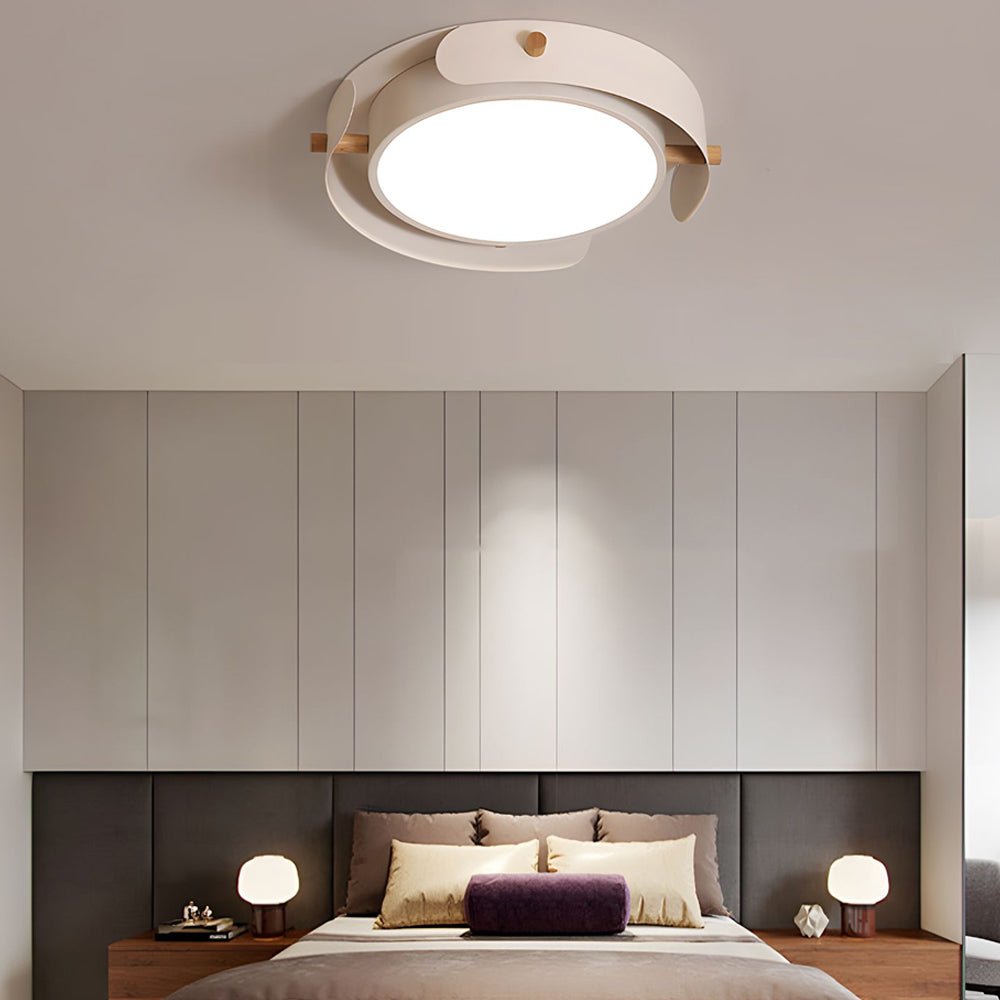 flush mount ceiling light with round nordic white metallic wood drum design