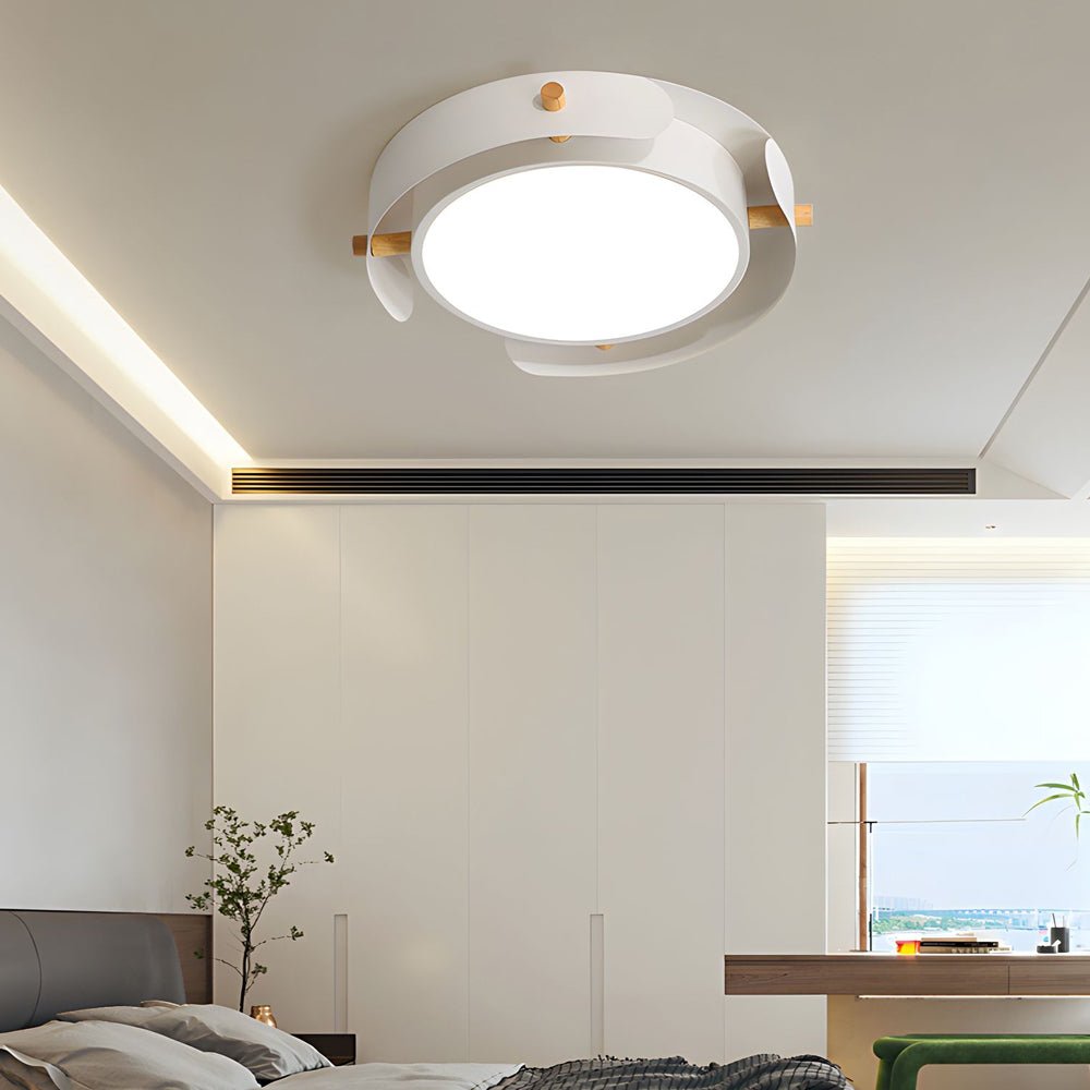 flush mount ceiling light with round nordic white metallic wood drum design