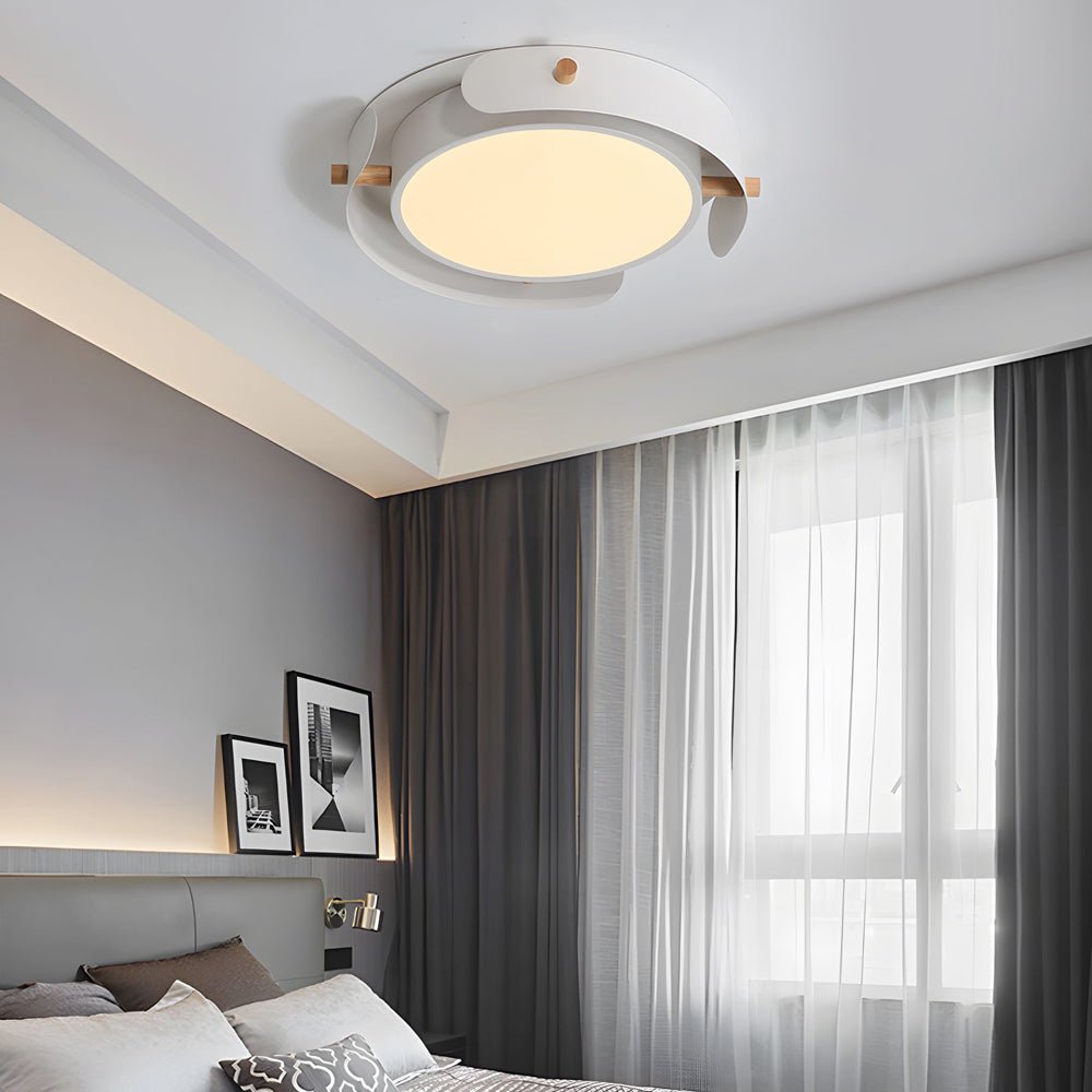 flush mount ceiling light with round nordic white metallic wood drum design