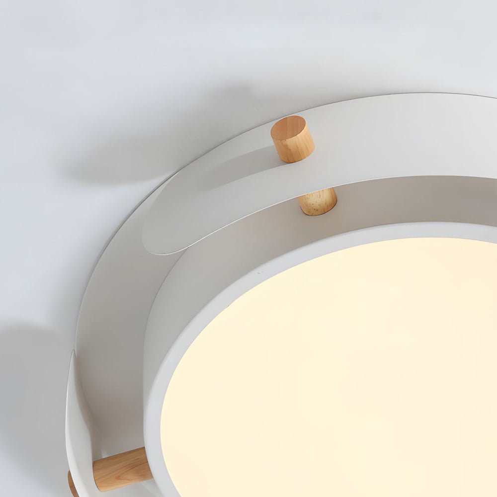 flush mount ceiling light with round nordic white metallic wood drum design