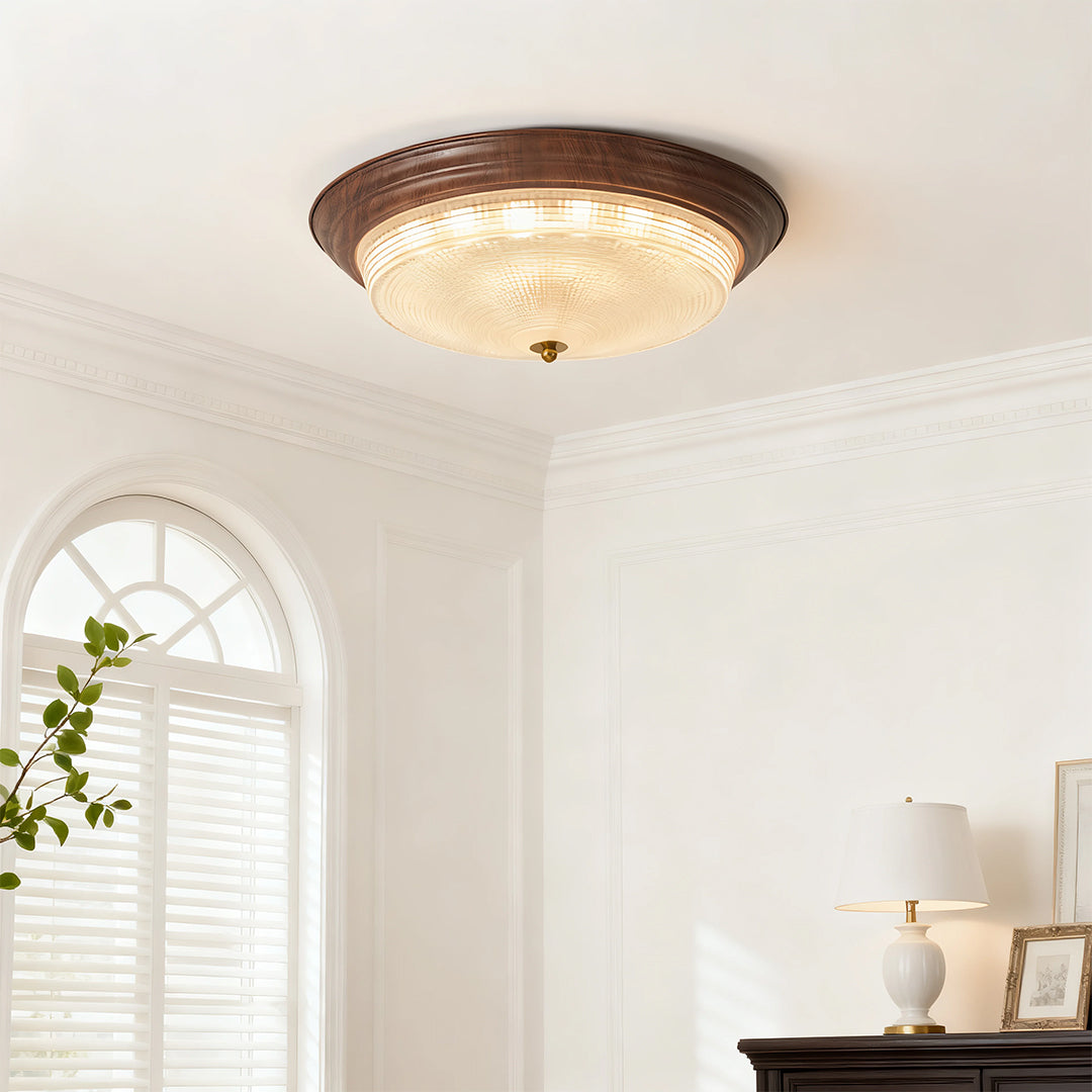 Vintage Ribbed Glass Dome Flush Mount — Iron, 36W Full-Spectrum LED, Dimmable 3000K–6000K, Remote Control