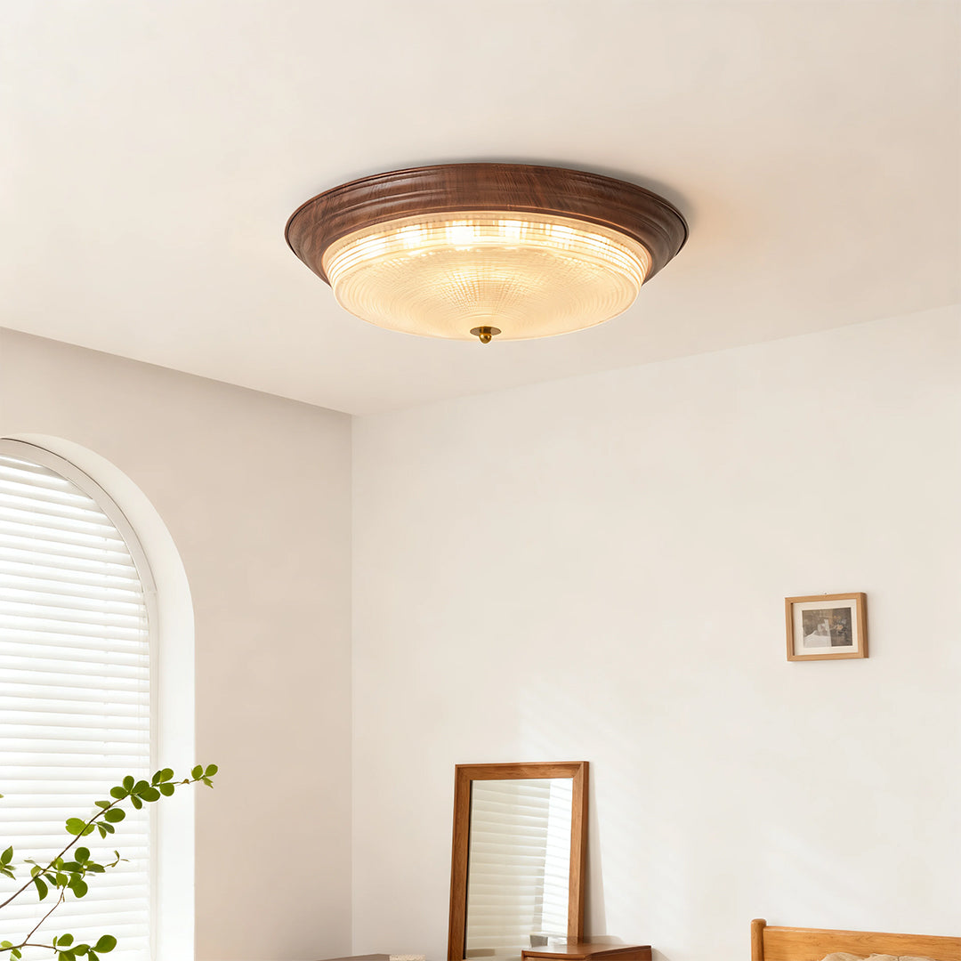 Vintage Ribbed Glass Dome Flush Mount — Iron, 36W Full-Spectrum LED, Dimmable 3000K–6000K, Remote Control