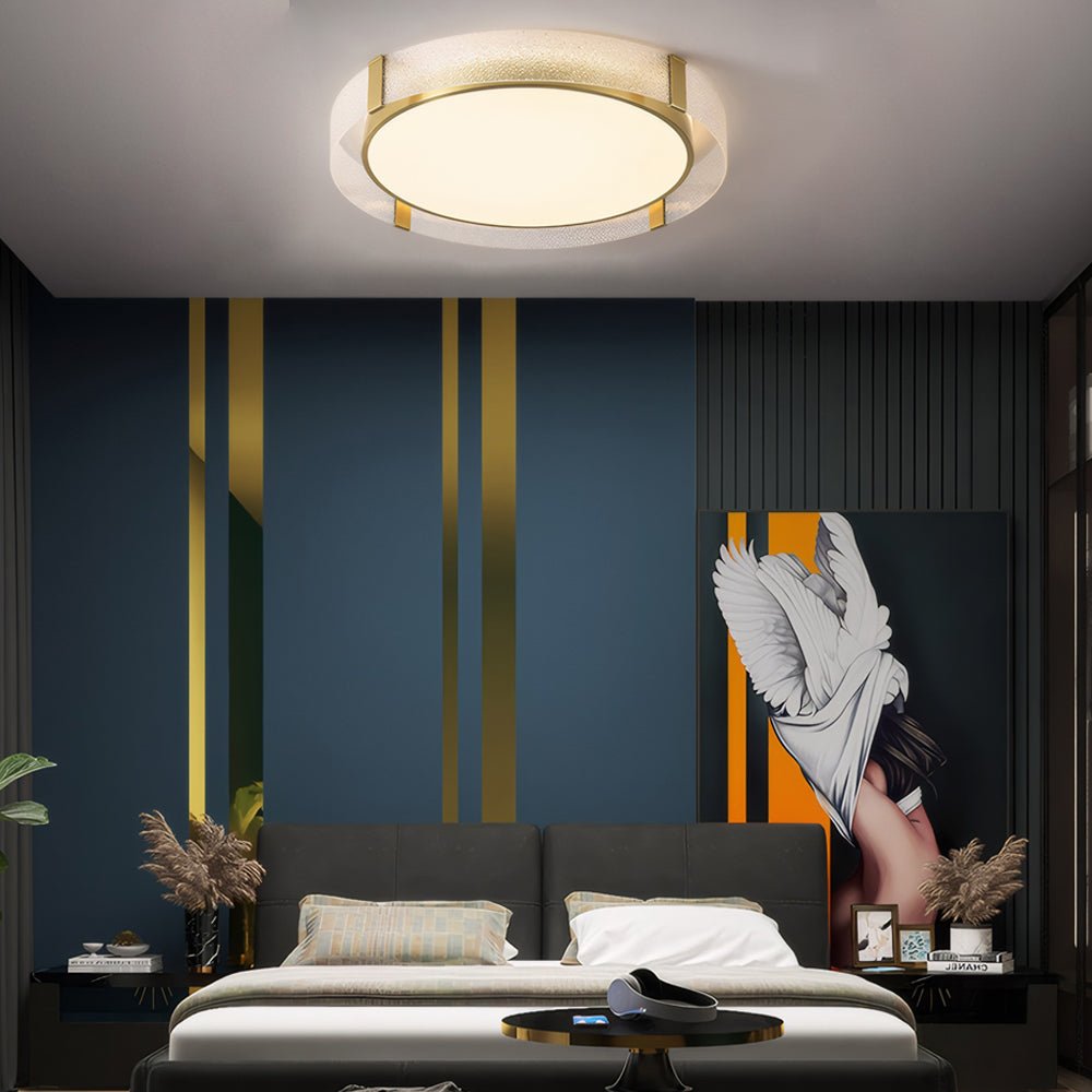 flush mount drum ceiling light with round copper water ripple glass
