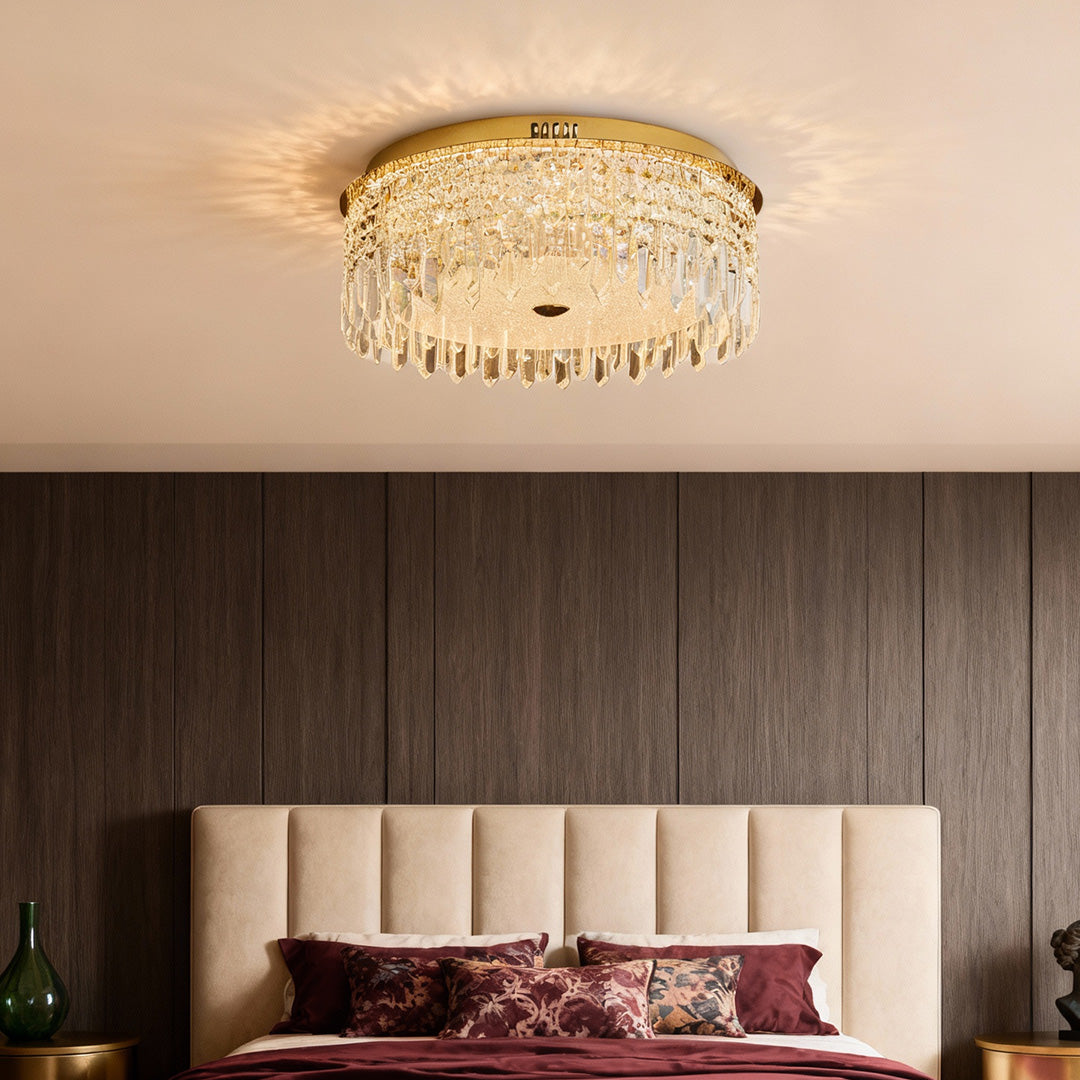 Modern Crystal Flush-Mount Ceiling Light — Champagne Gold Carbon Steel, LED, 3-Step Dimming (3000K/4000K/6000K), 3 Sizes