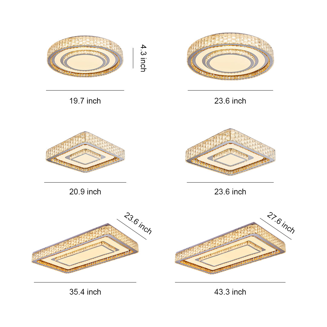 Modern Crystal Flush-Mount LED Light — Chrome Steel, 3-Step Dimming, Round/Square/Rectangle, 6 Sizes