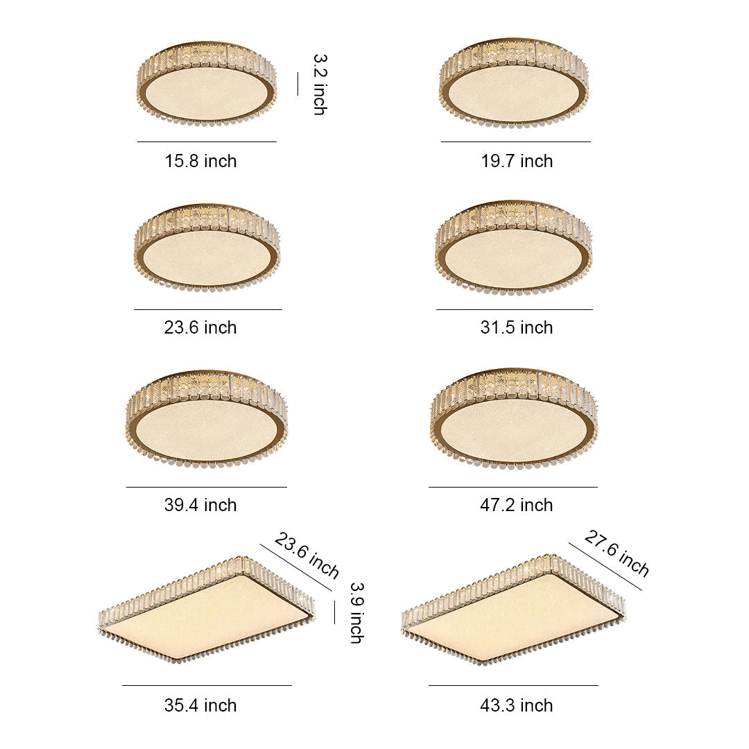 Crystal Flush-Mount Ceiling Light — Chrome Stainless Steel, LED, Three-Color Dimming, Round & Rectangular Sizes