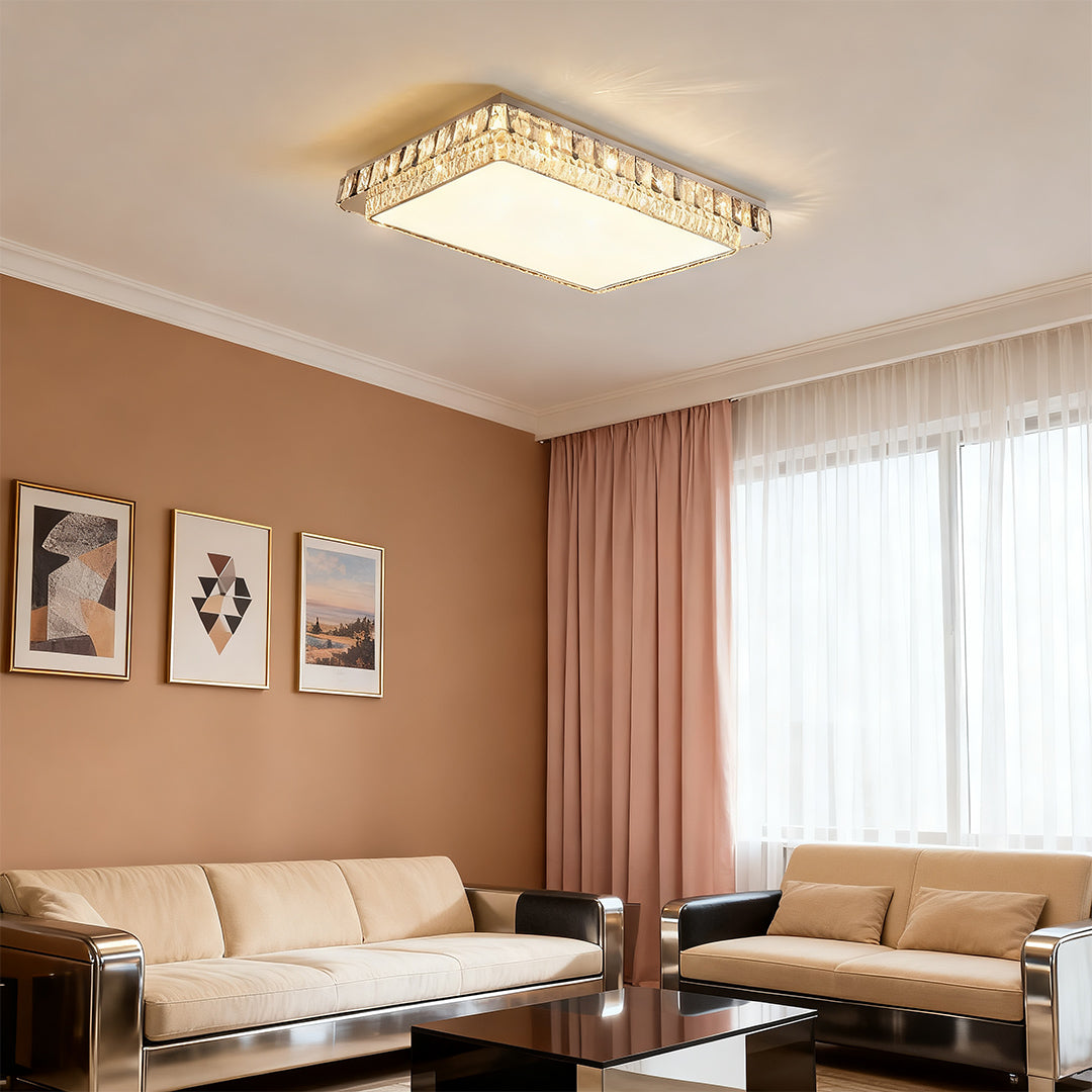 Crystal Flush-Mount LED Light — Stainless Steel, Round/Square/Rectangle, 3-Color Dimming, Chrome