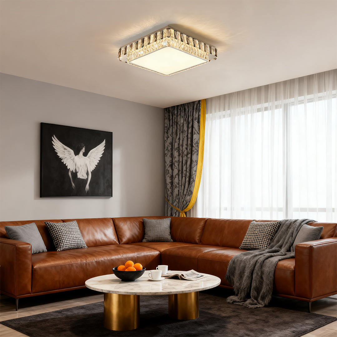 Crystal Flush-Mount LED Light — Stainless Steel, Round/Square/Rectangle, 3-Color Dimming, Chrome