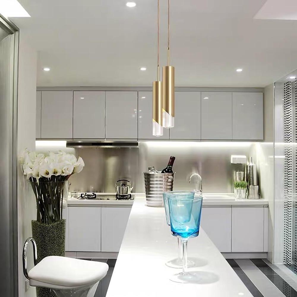 Crystal Column Mini Pendant — Gold-Finish Iron, Elongated Cylinder, GU10 LED, 3-Step Dimming, 2700K / 6000K