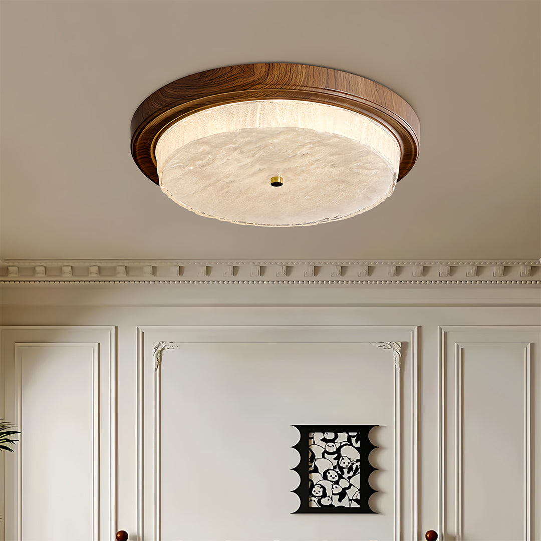 Vintage Round Flush-Mount Ceiling Light — Wood-Grain Iron & Glass, 48W–54W, Three-Color Dimming