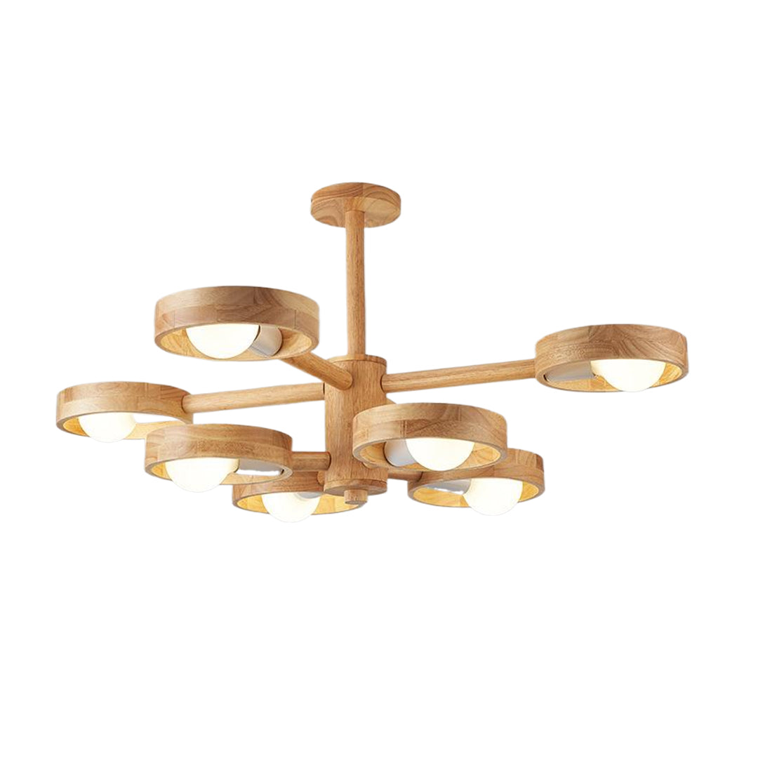 Rubberwood LED Chandelier — E27, Rotatable Shade, 3-Color Dimming, 3-Head / 5-Head / 6-Head / 8-Head