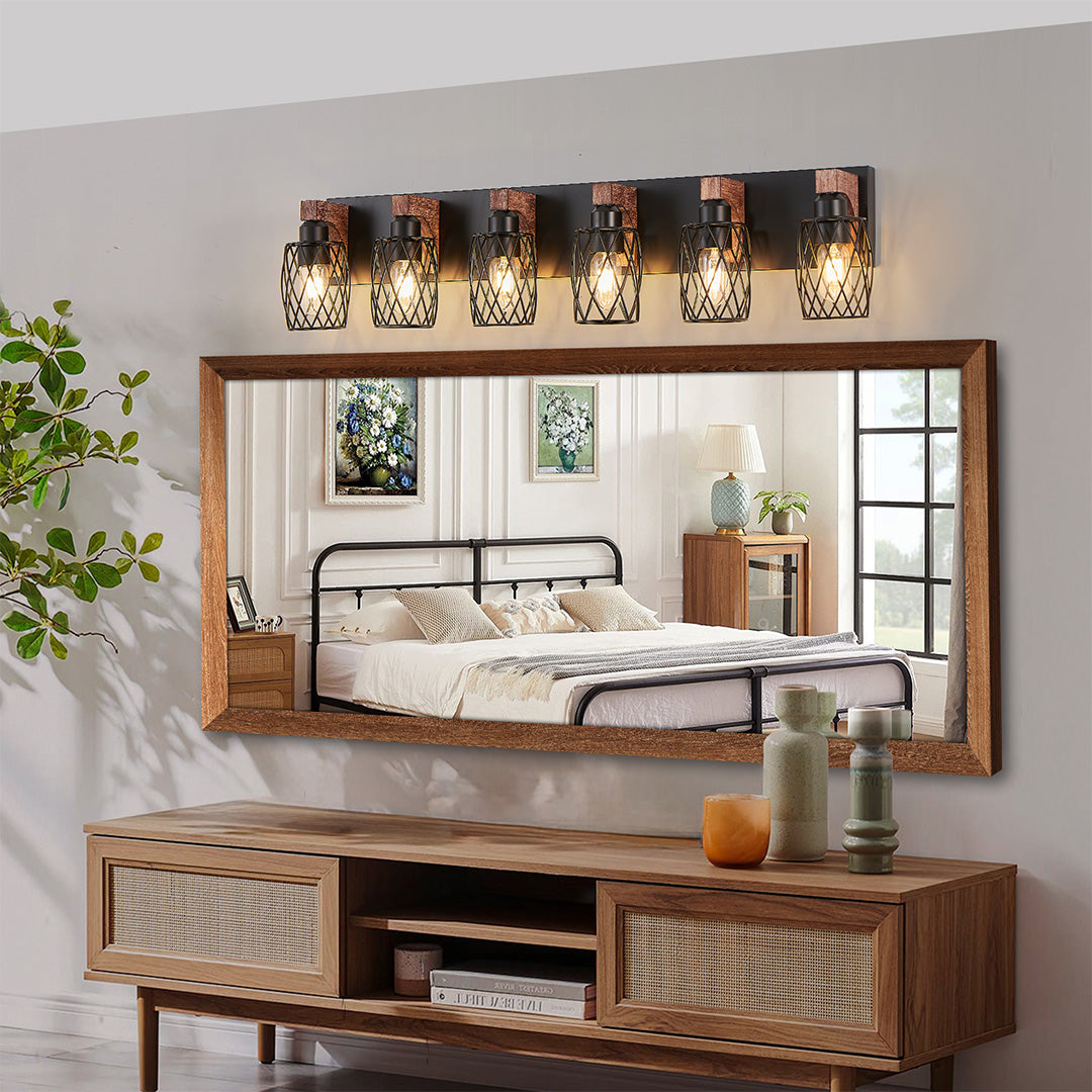 Metal Cage Bathroom Vanity Light — Black Finish, Walnut Wood, 3-to-7-Light, E26