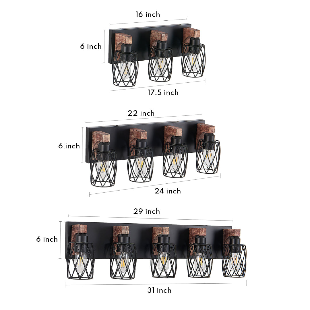 Metal Cage Bathroom Vanity Light — Black Finish, Walnut Wood, 3-to-7-Light, E26