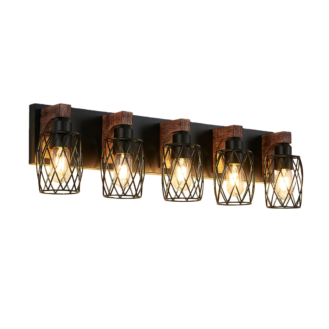 Metal Cage Bathroom Vanity Light — Black Finish, Walnut Wood, 3-to-7-Light, E26