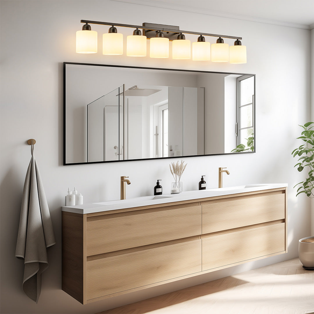 Minimalist Bathroom Vanity Light — Creamy White Glass, Metal Frame, E26, 4/5/6/8/10-Light, Matte Black / Sand Nickel / Copper