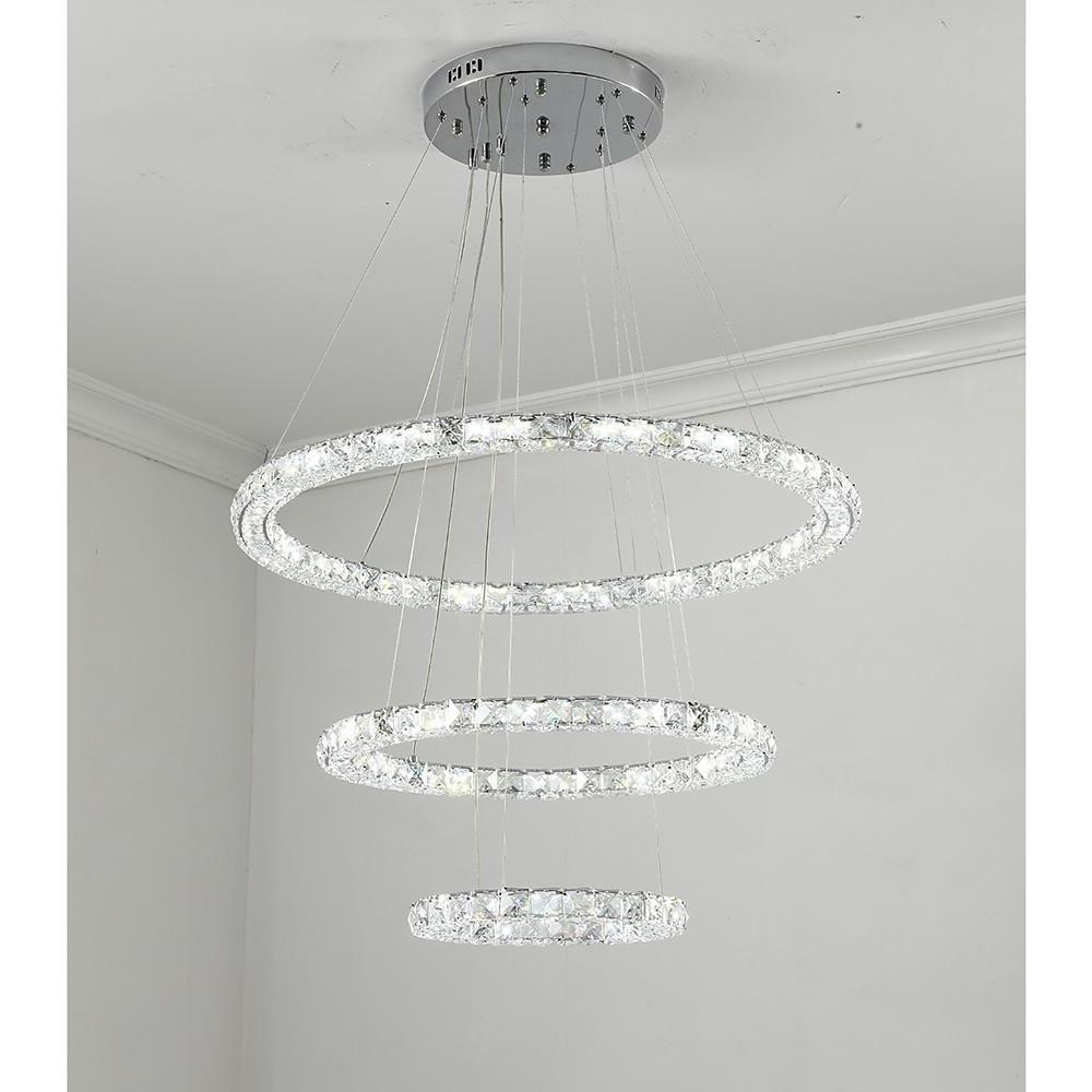 Tiered Crystal Ring Chandelier — Metal & Crystal, LED 3000K, 3-Ring or 4-Ring, 39" Adjustable Cord