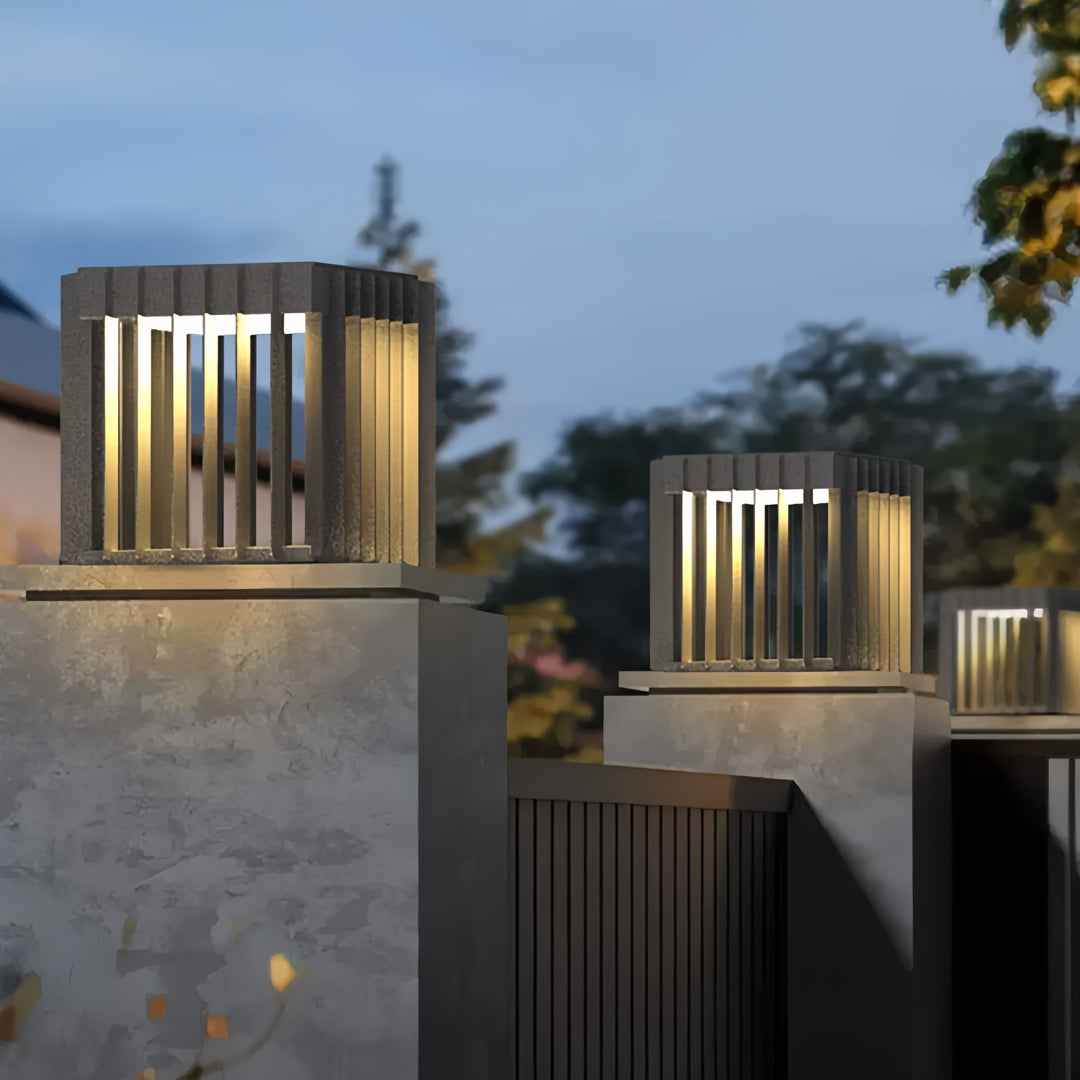 Geometric Hollow Outdoor Pillar Light — Stainless Steel, LED, Solar / Hardwired, IP65, 3 Sizes