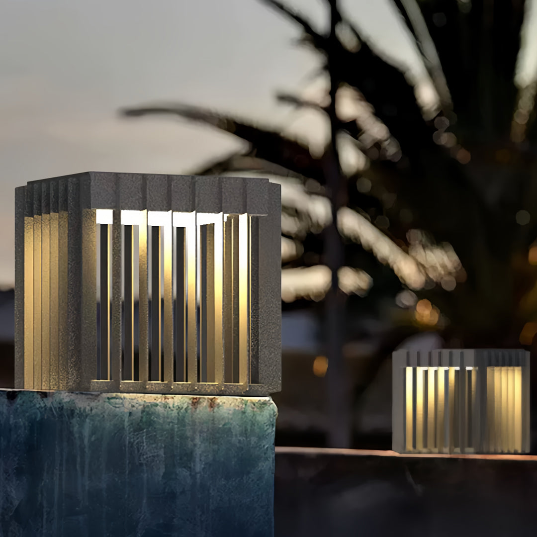 Geometric Hollow Outdoor Pillar Light — Stainless Steel, LED, Solar / Hardwired, IP65, 3 Sizes