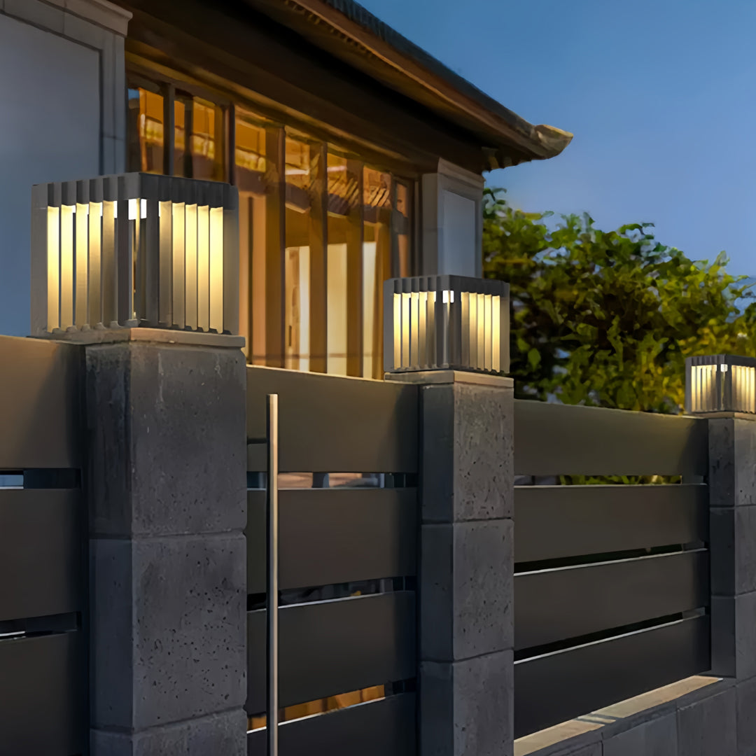 Geometric Hollow Outdoor Pillar Light — Stainless Steel, LED, Solar / Hardwired, IP65, 3 Sizes