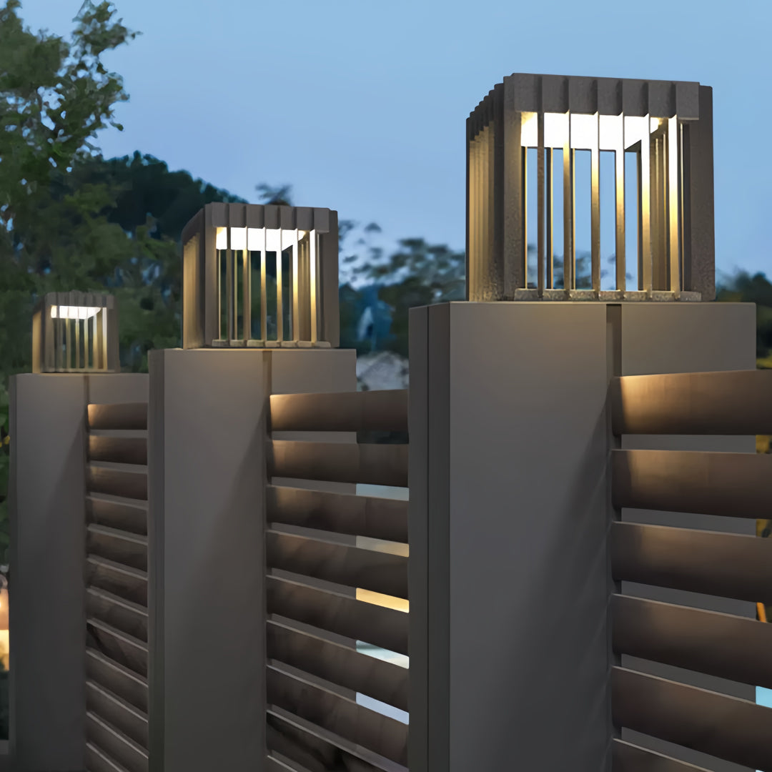 Geometric Hollow Outdoor Pillar Light — Stainless Steel, LED, Solar / Hardwired, IP65, 3 Sizes