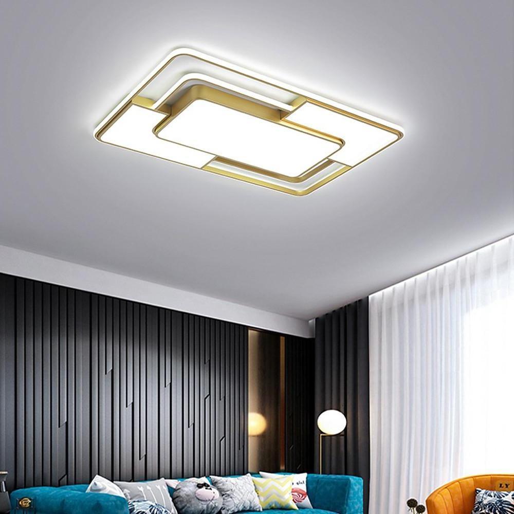 Square Geometric LED Flush-Mount Ceiling Light — Acrylic, 3-Step Dimming, Remote Control, Black or Gold