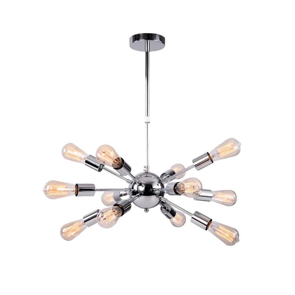 Sputnik Chandelier — Metal, Chrome or Black, 12-Light, 60W, 28" Adjustable Cord, Dining Room / Kitchen