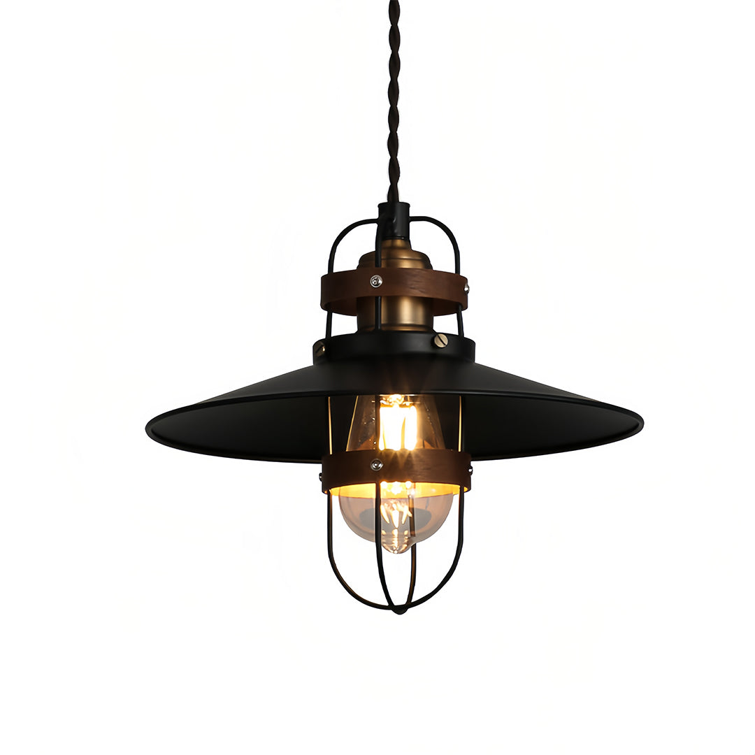 Industrial Vintage Mini Pendant — Black Iron and Walnut Wood, E27, Adjustable 1.8m Chain