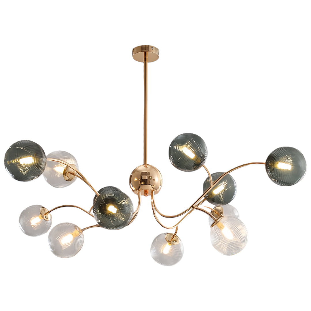 Tree Branch Flush-Mount Chandelier — Gold Iron, Clear Green Glass, 6-Light, 3-Step Dimming