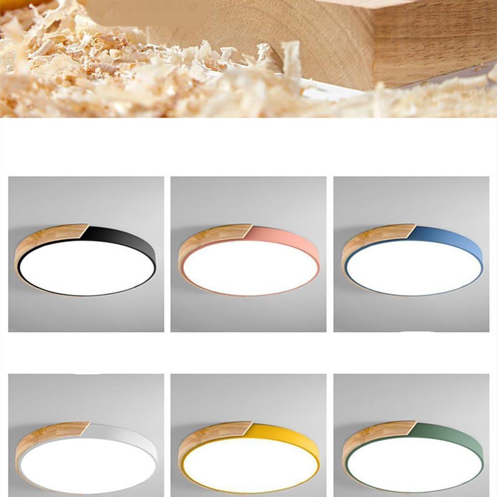 Circular Wood Flush-Mount Ceiling Light — Metal & PVC, LED, 16", 24W, Three-Step Dimming, Remote Control