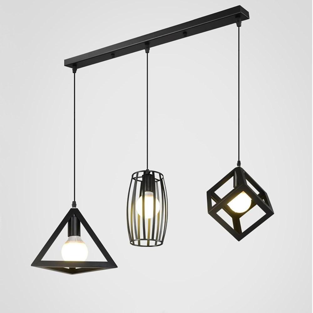 Geometric 3-Light Pendant Chandelier — Black Metal, Vintage Industrial, Adjustable, LED E27, 24" Wide