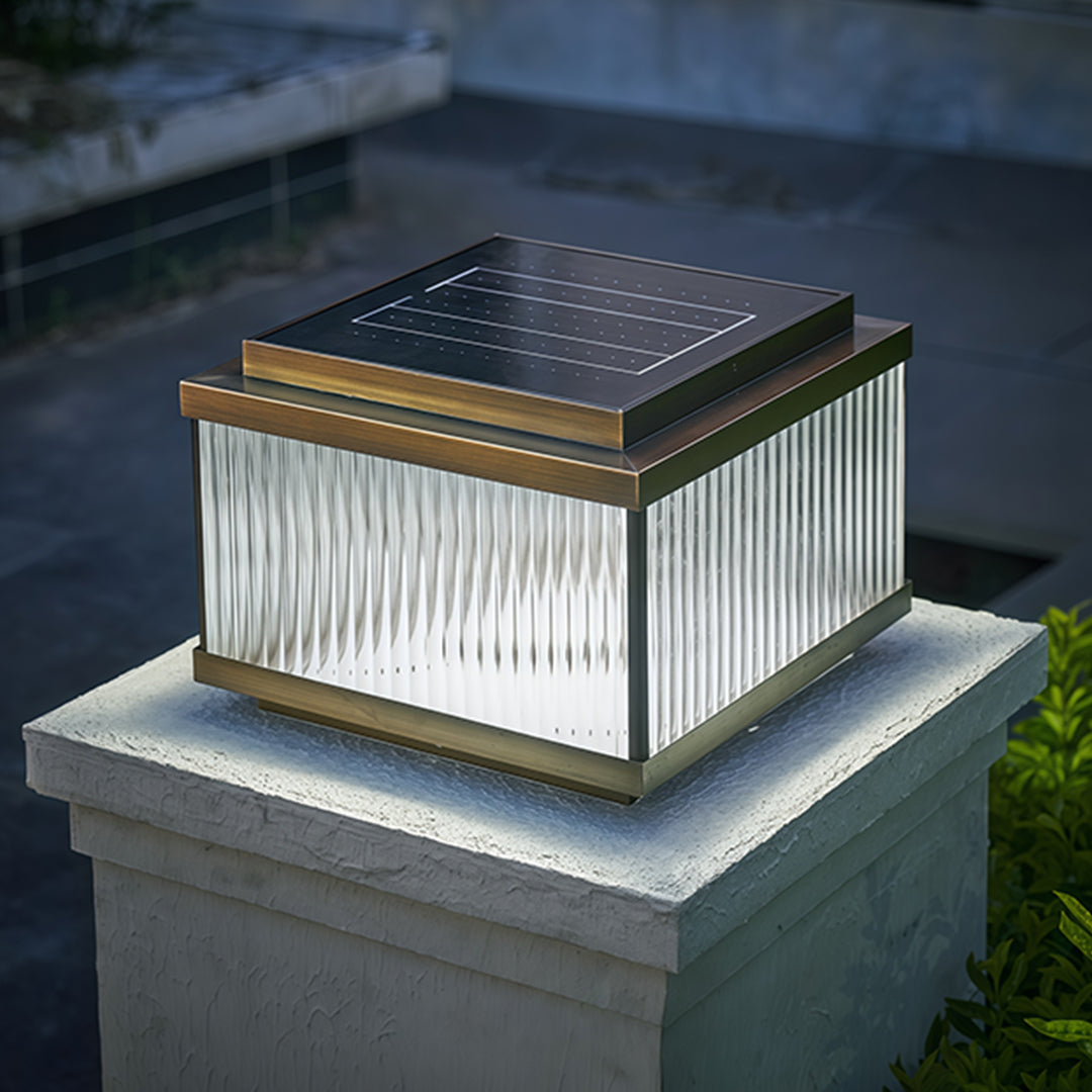Square Copper Outdoor Pillar Light — Ribbed Glass, Dual Solar/Electric, 3-Step Dimming, 4 Sizes