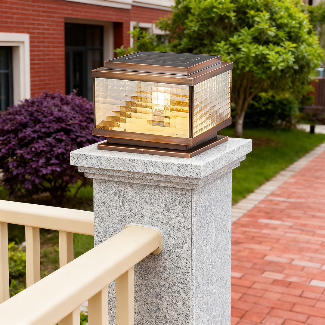 All-Copper Outdoor Pillar Cap Light — Transparent Glass, Solar / Hardwired, Four-Color Remote Control, 2200mAh, Four Sizes