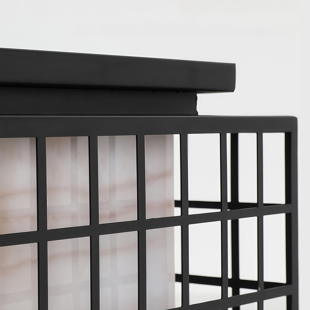Modern Gate Pillar Light — Black Stainless Steel, Marble-Effect Shade, Solar or Hardwired, IP54, E27, 4 Sizes
