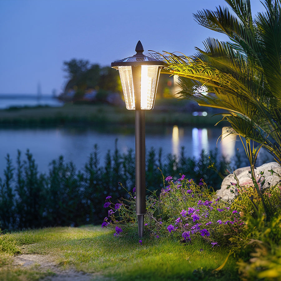 Pointed-Top Solar LED Path Light — Die-Cast Aluminum, Dual-Color 3000K/6000K, Adjustable Height, IP54, Stake or Base Mount