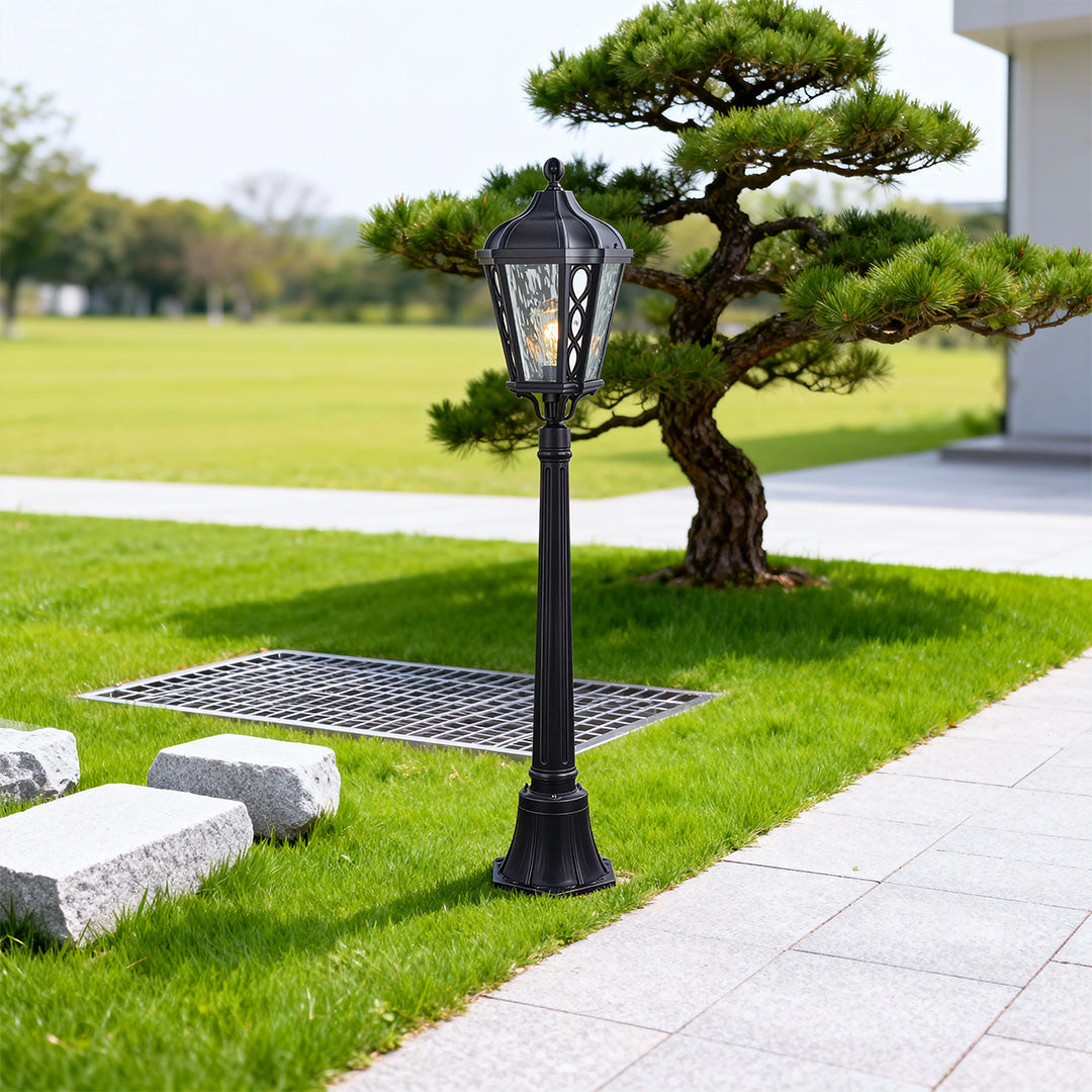 Column Outdoor Post Light — Sand-Black Cast Aluminum, Clear Glass, 12W LED, IP44 Weatherproof