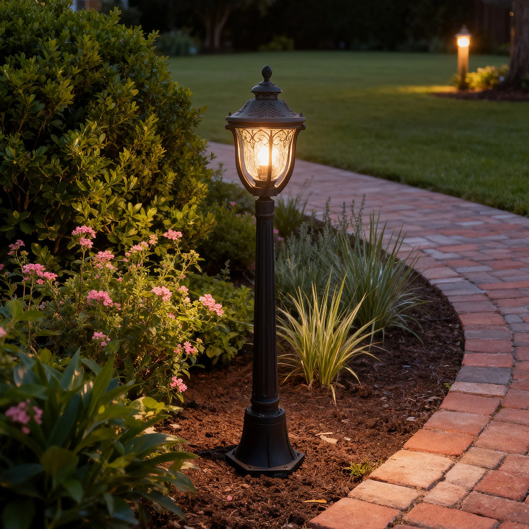 Classic Bollard Outdoor Post Light — Coffee Aluminum, Glass Shade, 12W E26, IP44, 45"H