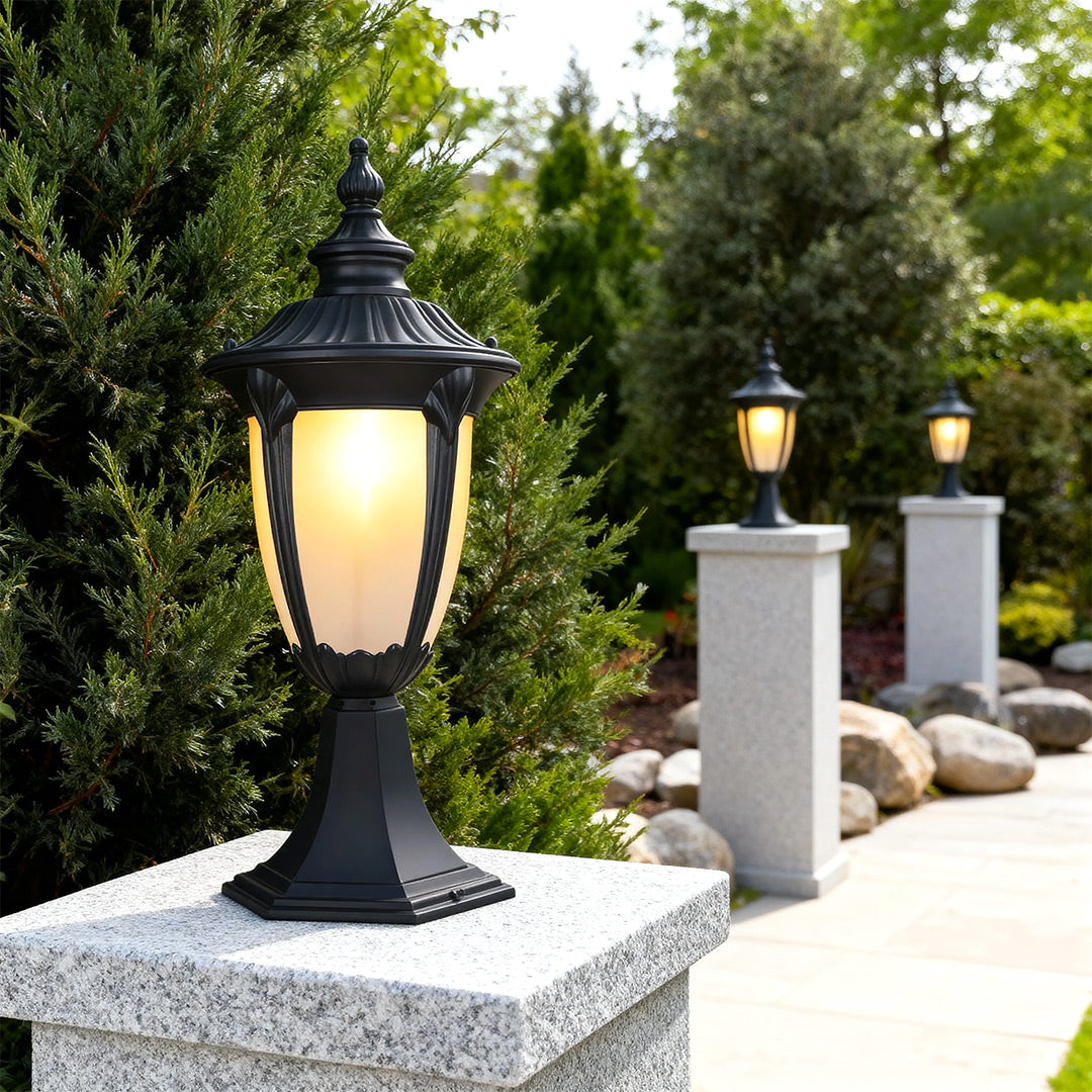 Minimalist Outdoor Pillar Light — Cast Aluminum, Sand-Black, 9W E26, IP44 Waterproof, 16.5" H