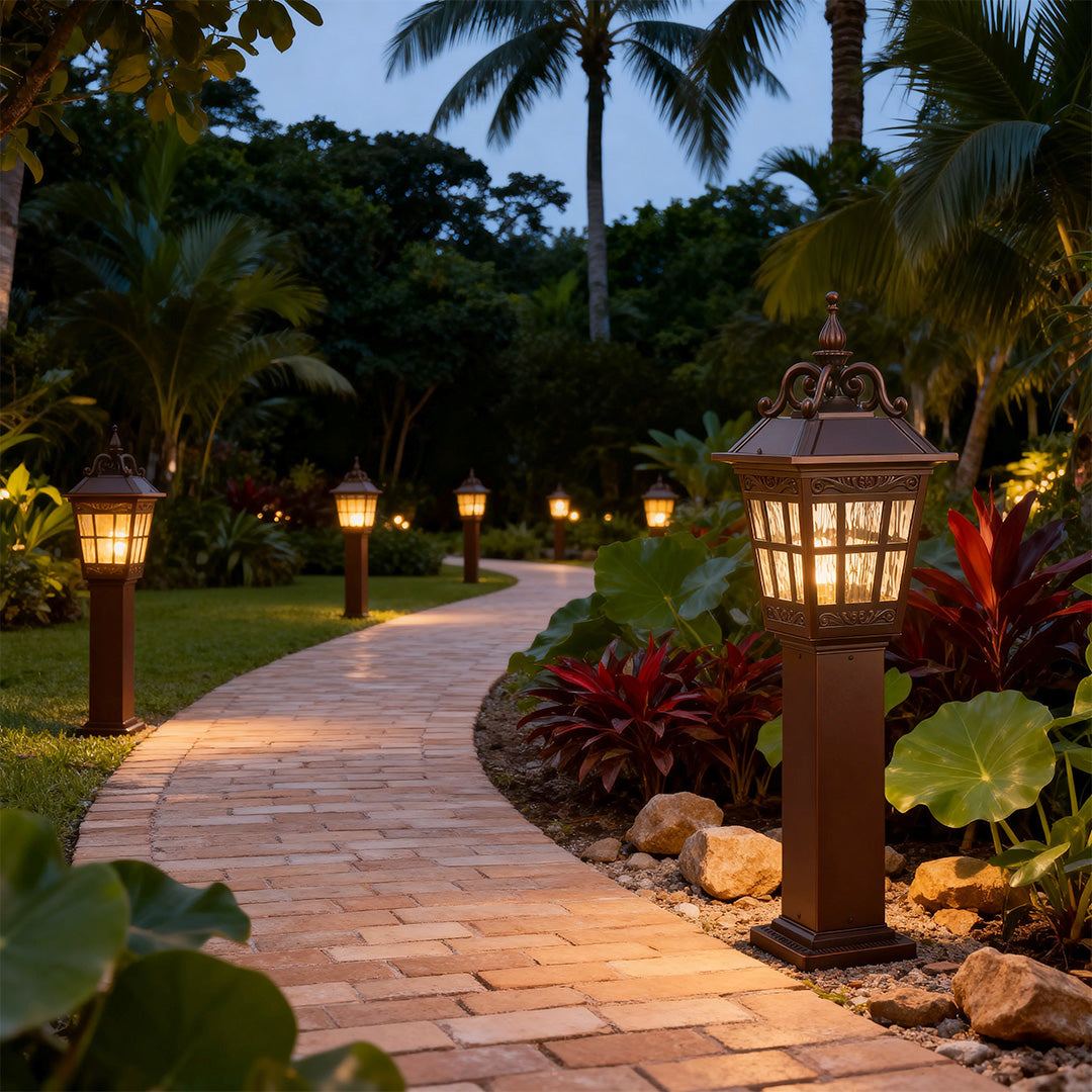 Classic Outdoor Post Light — Coffee-Brown Cast Aluminum, Clear Glass, 12W LED, IP44, 43"