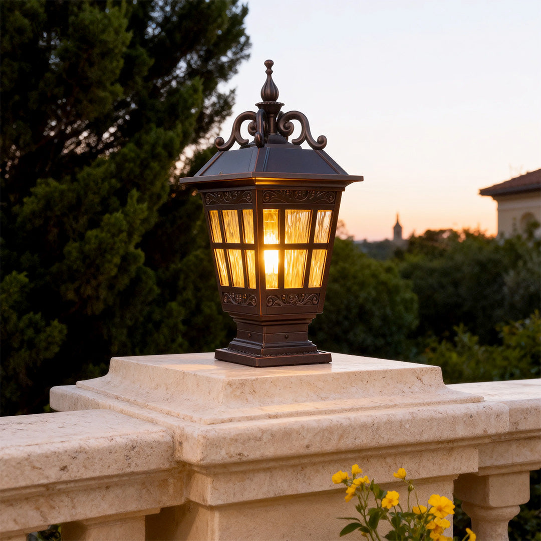 Vintage Carved Pillar Garden Light — Cast Aluminum with Glass Shade, 12W E27, IP44, 3000K Warm White
