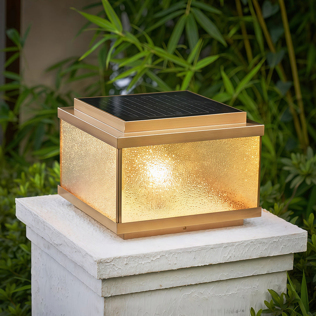 All-Copper Garden Pillar Light — Transparent Glass, Solar / Hardwired, Three-Color Dimming, Remote, 2200mAh, 4 Sizes