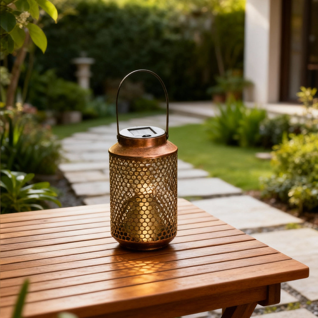 Retro Iron Art Portable Solar Lantern — Copper, Perforated, 0.5W LED, 600mAh, IP54