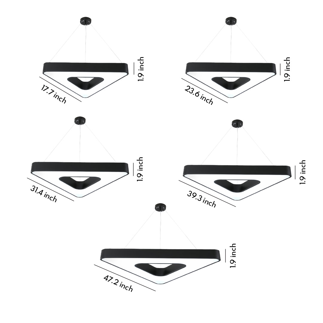 Triangular Geometric LED Chandelier — Black Iron with White Acrylic, Adjustable 39.4" Chain, 5 Sizes