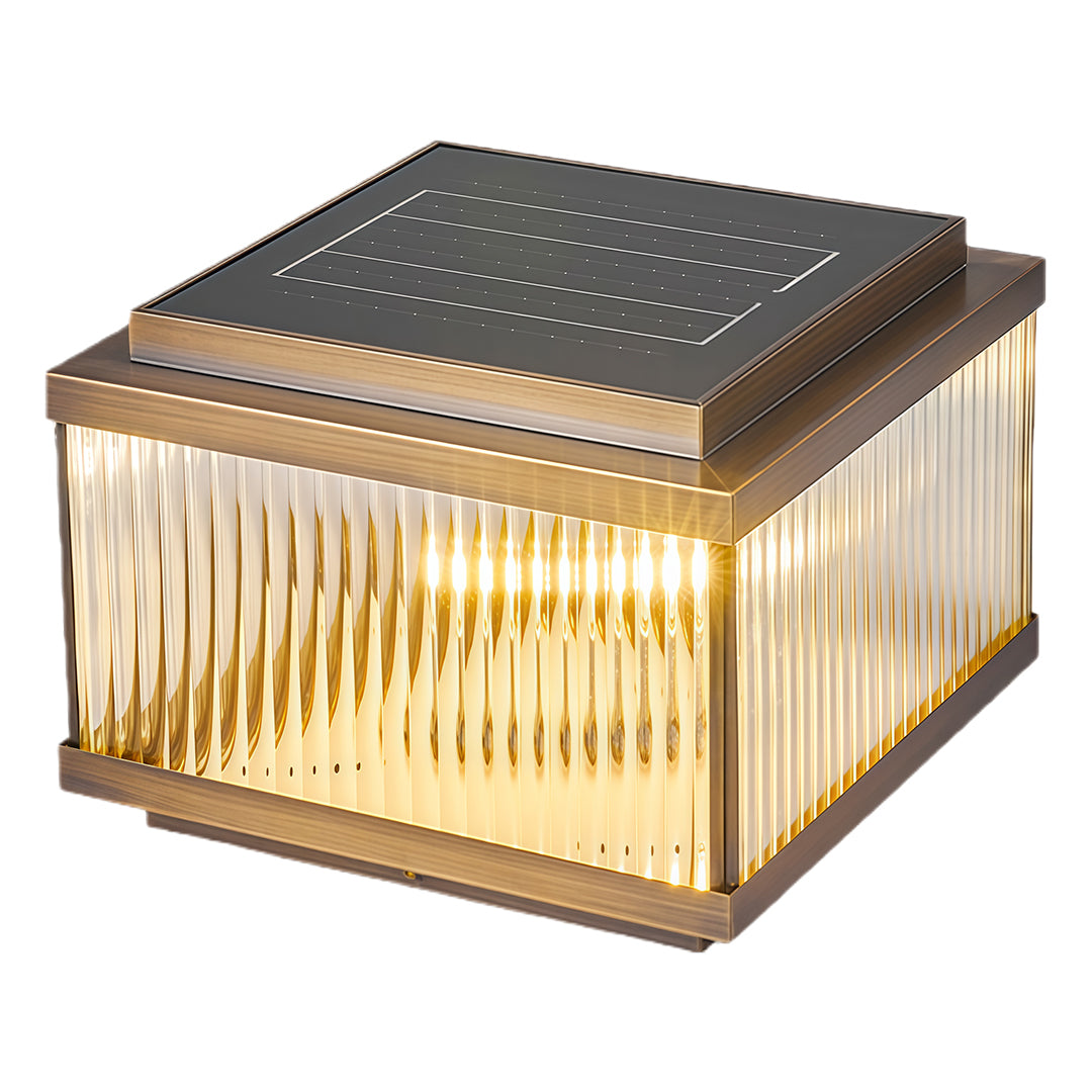 Square Copper Outdoor Pillar Light — Ribbed Glass, Dual Solar/Electric, 3-Step Dimming, 4 Sizes