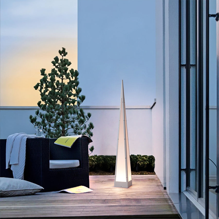 Pyramid Geometric Outdoor Floor Lamp — Stainless Steel, USB Rechargeable, 2W LED, IP54, 3000K Warm White