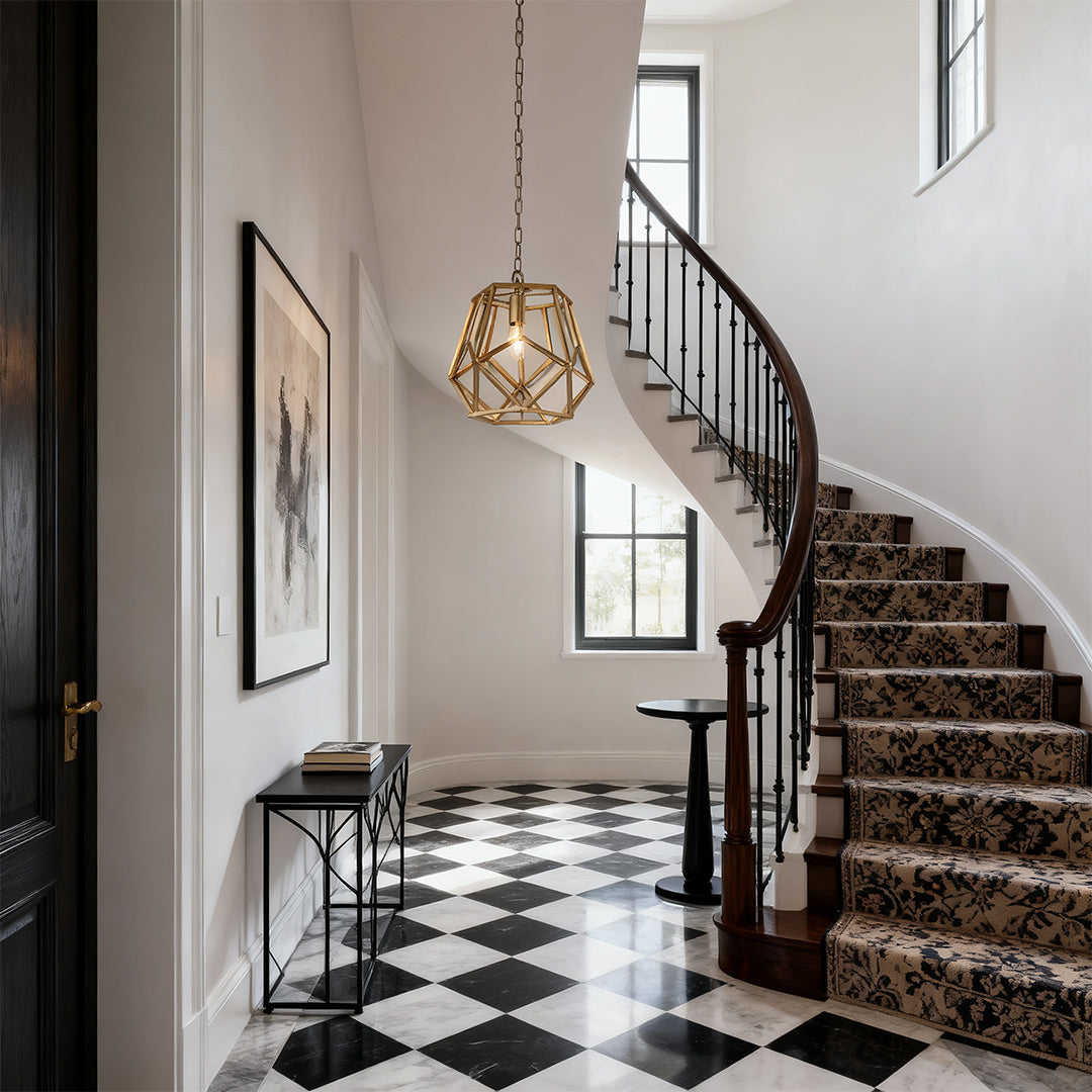 Geometric Pendant Light — Gold Metal, 1-Light, E12, 1.8m Adjustable Chain