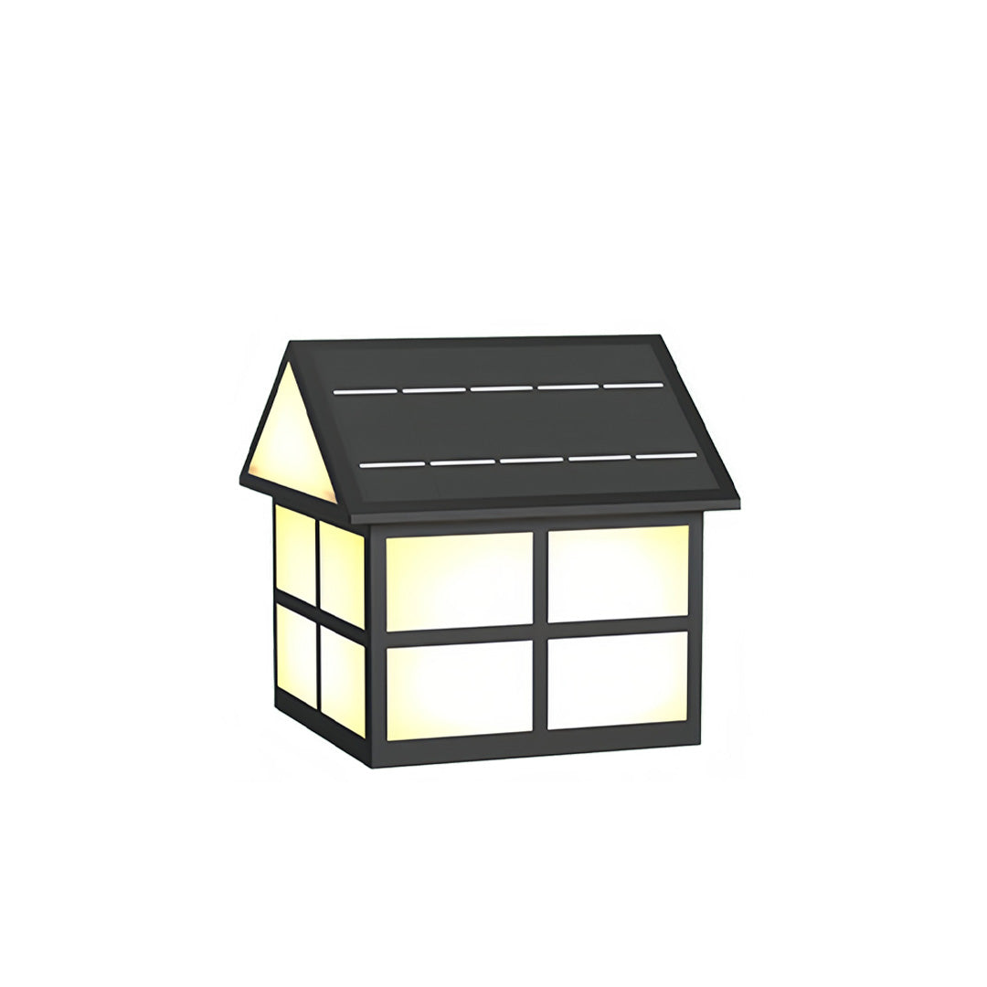 House-Shaped Gate Pillar Top Light — Black Stainless Steel, 5W LED, Solar or Hardwired, IP65, 3 Sizes